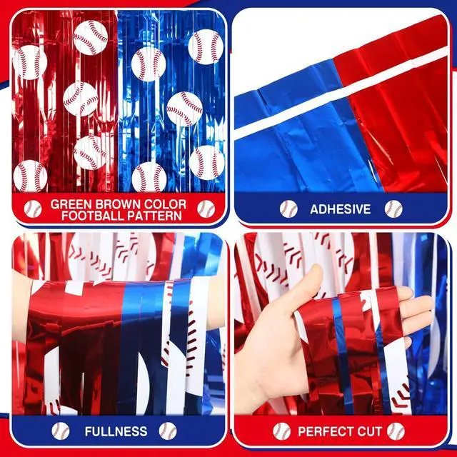 Alt view image 3 of 7 - 2 Pack Baseball Foil Fringe Curtain 3.3x6.6 ft Baseball Backdrop | Baseball Birthday Party Backdrop, Sports Team Decorations, Tinsel Curtain Photo Background, Baseball Party Banner Wall Decors