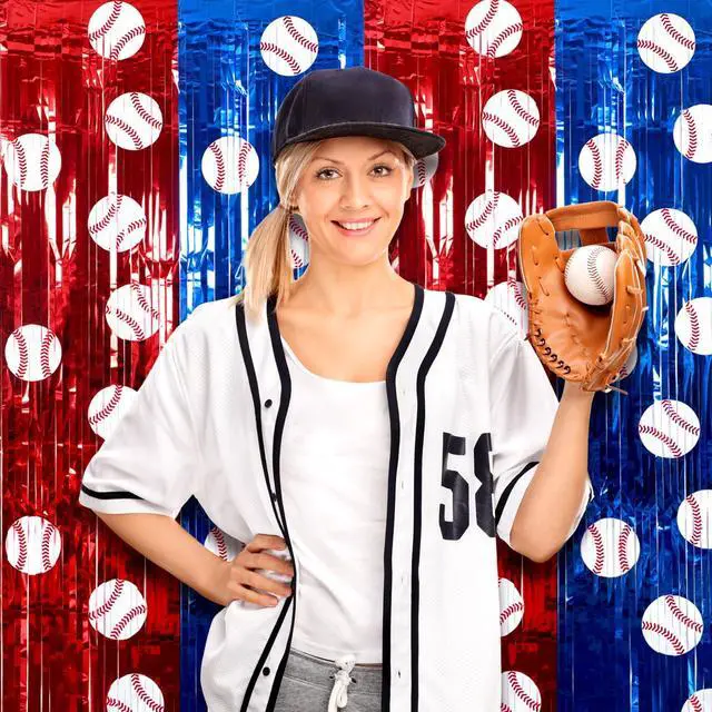 Alt view image 4 of 7 - 2 Pack Baseball Foil Fringe Curtain 3.3x6.6 ft Baseball Backdrop | Baseball Birthday Party Backdrop, Sports Team Decorations, Tinsel Curtain Photo Background, Baseball Party Banner Wall Decors