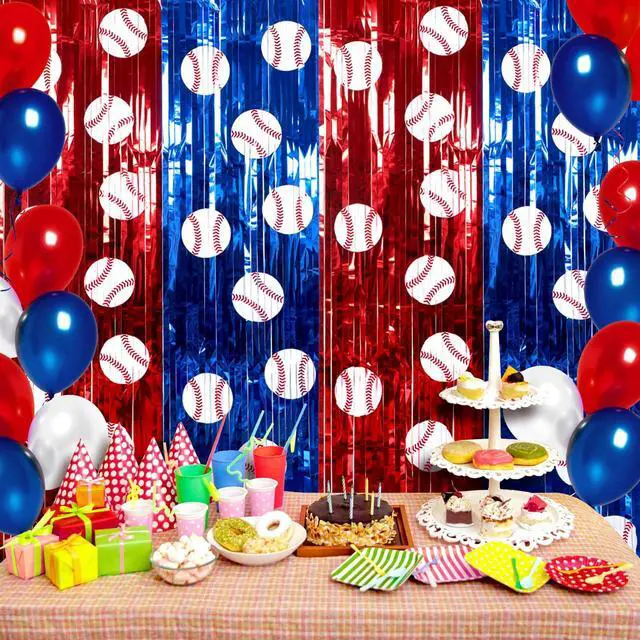 Alt view image 5 of 7 - 2 Pack Baseball Foil Fringe Curtain 3.3x6.6 ft Baseball Backdrop | Baseball Birthday Party Backdrop, Sports Team Decorations, Tinsel Curtain Photo Background, Baseball Party Banner Wall Decors