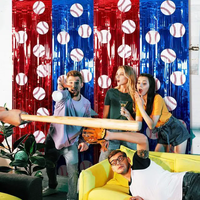 Alt view image 6 of 7 - 2 Pack Baseball Foil Fringe Curtain 3.3x6.6 ft Baseball Backdrop | Baseball Birthday Party Backdrop, Sports Team Decorations, Tinsel Curtain Photo Background, Baseball Party Banner Wall Decors