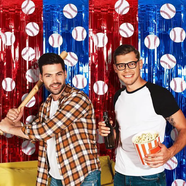 Alt view image 7 of 7 - 2 Pack Baseball Foil Fringe Curtain 3.3x6.6 ft Baseball Backdrop | Baseball Birthday Party Backdrop, Sports Team Decorations, Tinsel Curtain Photo Background, Baseball Party Banner Wall Decors