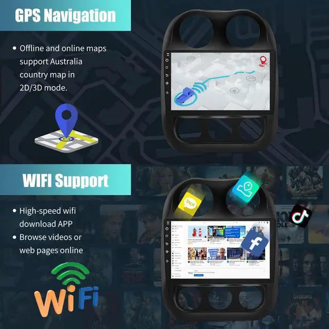 Alt view image 4 of 7 - Car Radio for Jeep Compass Patriot 2010-2016 10.1 inch Touch Screen 64G ROM | Android 13 2G RAM 64G ROM Carplay/Android Auto/Mirror Link/SWC/Bluetooth/WiFi AHD Backup Camera