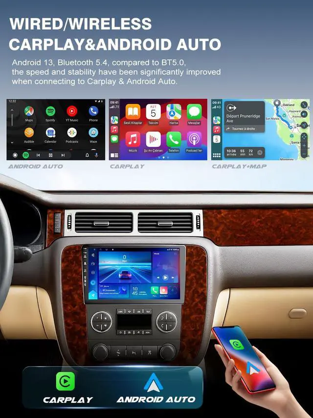 Alt view image 4 of 7 - 5G WiFi(6) Car Radio for GMC Yukon Chevrolet Chevy Silverado 2007-2013 Tahoe Sierra Android13/Wireless CarPlay/Android Auto/Touch Screen/GPS Navigation/Bluetooth/FM/HD Backup Camera (Mahogany(2+64))