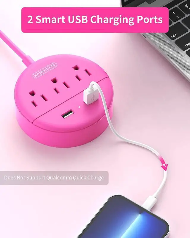 Alt view image 3 of 7 - Pink Extension Cord 25ft, Flat Plug Power Strip with Long Extension Cord, 3 Outlet 2 USB Compact Desktop Charging Station Wall Mount for TV Living Room, Dorm, Office and Nightstand