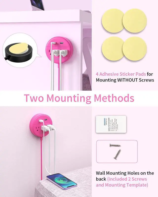 Alt view image 4 of 7 - Pink Extension Cord 25ft, Flat Plug Power Strip with Long Extension Cord, 3 Outlet 2 USB Compact Desktop Charging Station Wall Mount for TV Living Room, Dorm, Office and Nightstand