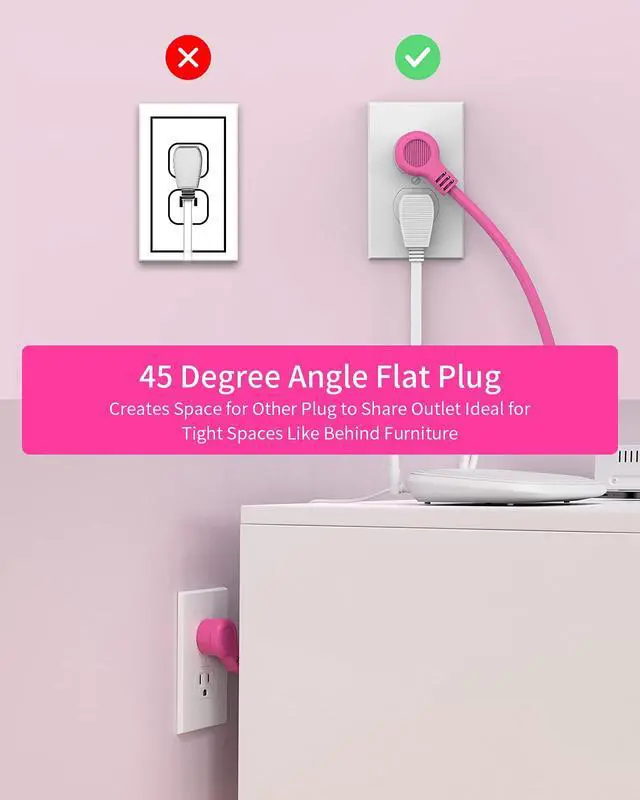 Alt view image 5 of 7 - Pink Extension Cord 25ft, Flat Plug Power Strip with Long Extension Cord, 3 Outlet 2 USB Compact Desktop Charging Station Wall Mount for TV Living Room, Dorm, Office and Nightstand