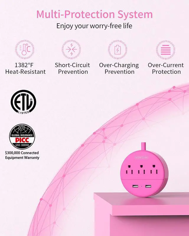 Alt view image 6 of 7 - Pink Extension Cord 25ft, Flat Plug Power Strip with Long Extension Cord, 3 Outlet 2 USB Compact Desktop Charging Station Wall Mount for TV Living Room, Dorm, Office and Nightstand