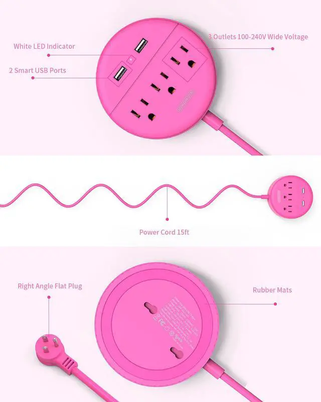 Alt view image 7 of 7 - Pink Extension Cord 25ft, Flat Plug Power Strip with Long Extension Cord, 3 Outlet 2 USB Compact Desktop Charging Station Wall Mount for TV Living Room, Dorm, Office and Nightstand