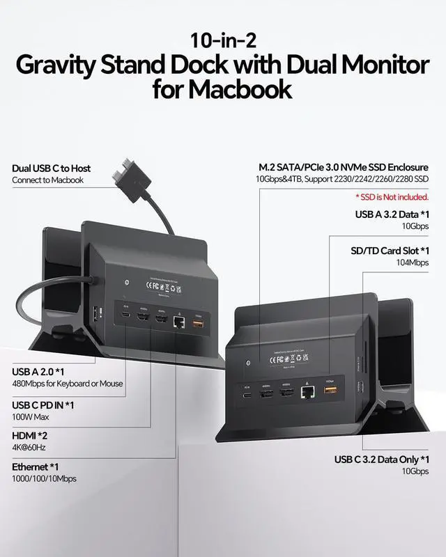 Alt view image 2 of 7 - MacBook Docking Station Dual Monitor 4K@60Hz for MacBook Pro/Air M5/M4 | Vertical Laptop Dock Stand with M.2 NVMe SSD Enclosure, 2 HDMI, 10Gbps USB A/C, Ethernet, PD for Home & Office, Black
