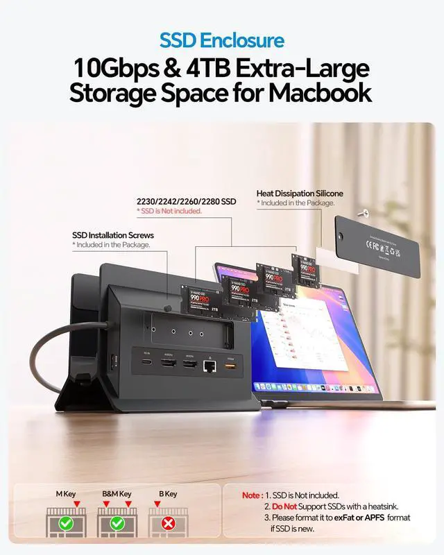 Alt view image 6 of 7 - MacBook Docking Station Dual Monitor 4K@60Hz for MacBook Pro/Air M5/M4 | Vertical Laptop Dock Stand with M.2 NVMe SSD Enclosure, 2 HDMI, 10Gbps USB A/C, Ethernet, PD for Home & Office, Black