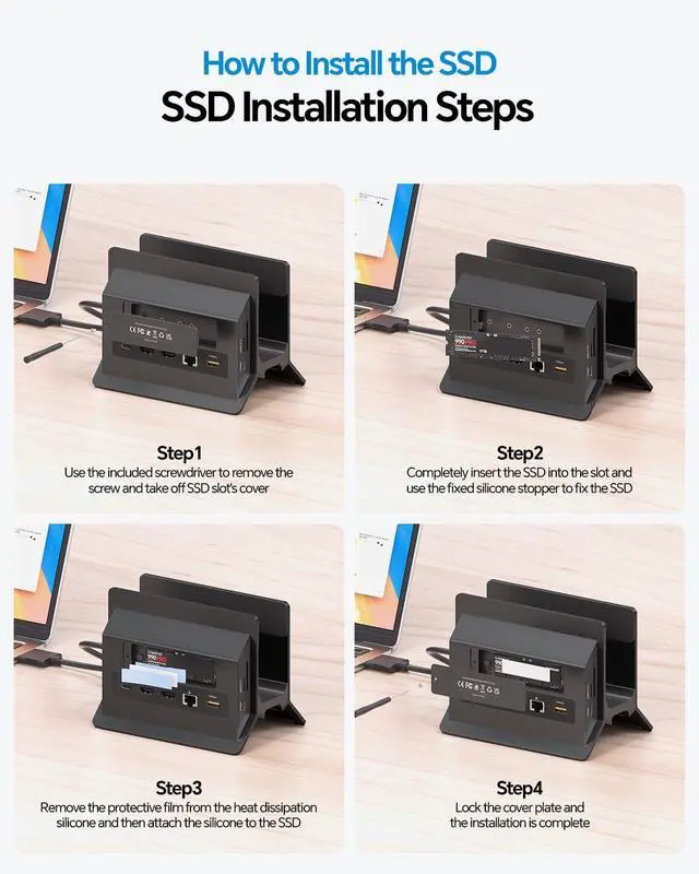 Alt view image 7 of 7 - MacBook Docking Station Dual Monitor 4K@60Hz for MacBook Pro/Air M5/M4 | Vertical Laptop Dock Stand with M.2 NVMe SSD Enclosure, 2 HDMI, 10Gbps USB A/C, Ethernet, PD for Home & Office, Black