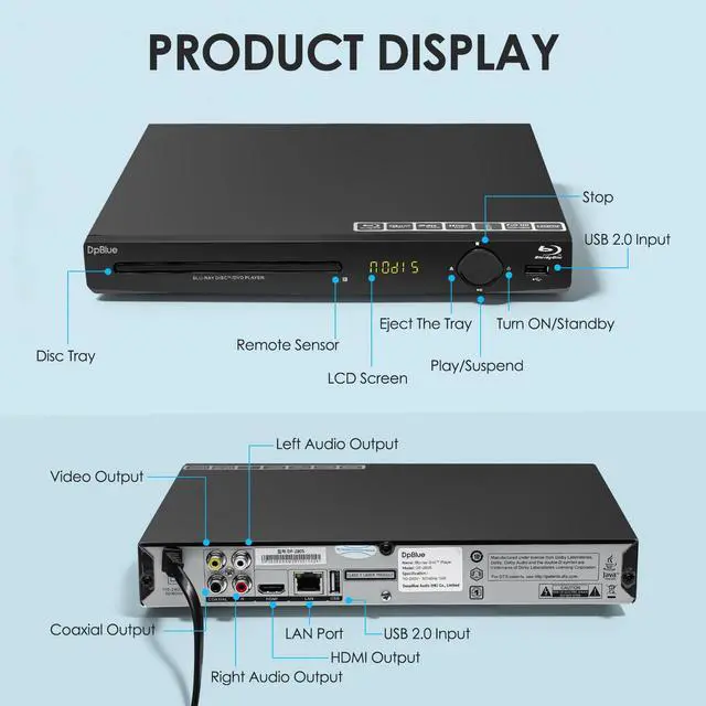 Alt view image 2 of 7 - 1080P Full HD Blu-ray DVD Player for TV/Projector,HDMI/AV/Coaxial Outputs | Home Theater Blu Ray Player Support Region A/1 Blu-ray Discs,CD DVDs VCD,Dolby Digital DTS,Max 128G U Disk 16T HDD Playback