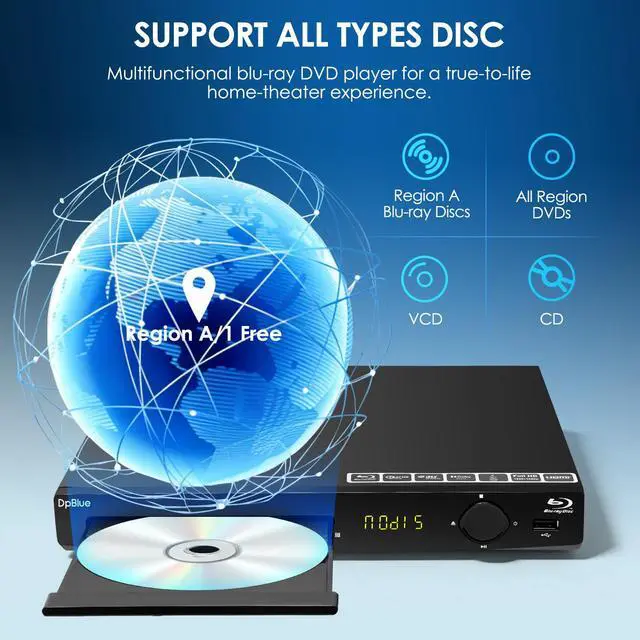Alt view image 6 of 7 - 1080P Full HD Blu-ray DVD Player for TV/Projector,HDMI/AV/Coaxial Outputs | Home Theater Blu Ray Player Support Region A/1 Blu-ray Discs,CD DVDs VCD,Dolby Digital DTS,Max 128G U Disk 16T HDD Playback
