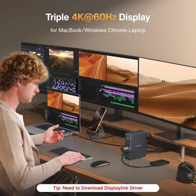 Alt view image 4 of 7 - Triple Display DisplayLink Dock for Window/MacBook with 180W Adapter | 20-in-1 Triple 4K@60Hz Display Docking Station (Driver Needed) for M5/M4/M3/M2/M1/Windows, USB, 2.5GbE, HDMI, DP, 10Gbps