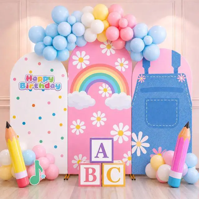 Main image of 3 Pcs Cartoon Teachers Arch Covers English Teacher Themed Party Decor 6ft 6.6ft 7.2ft Spandex Backdrop Cover Rainbow Daisy Arch Backdrop for Girls Classroom Birthday Party Supplies