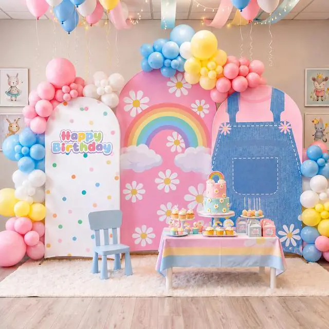 Alt view image 4 of 7 - 3 Pcs Cartoon Teachers Arch Covers English Teacher Themed Party Decor 6ft 6.6ft 7.2ft Spandex Backdrop Cover Rainbow Daisy Arch Backdrop for Girls Classroom Birthday Party Supplies