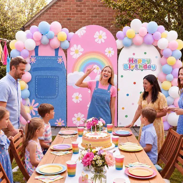 Alt view image 5 of 7 - 3 Pcs Cartoon Teachers Arch Covers English Teacher Themed Party Decor 6ft 6.6ft 7.2ft Spandex Backdrop Cover Rainbow Daisy Arch Backdrop for Girls Classroom Birthday Party Supplies