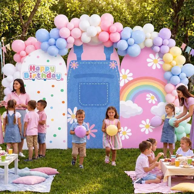 Alt view image 7 of 7 - 3 Pcs Cartoon Teachers Arch Covers English Teacher Themed Party Decor 6ft 6.6ft 7.2ft Spandex Backdrop Cover Rainbow Daisy Arch Backdrop for Girls Classroom Birthday Party Supplies