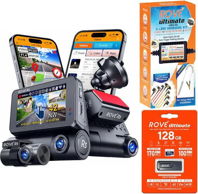 Main image of R3 3 Channel Dash Cam with Hardwire Kit and 128GB Card | Bundle Includes Hardwire Kit and 128GB Card, Front Rear and Cabin, IR Night Vision, Quad-Mode GPS, 3in IPS Touch Screen