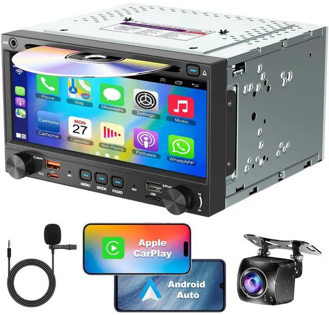 Main image of Double Din Car Stereo CD DVD Player with Wireless Carplay&Android Auto, 7 inch Car Radio 4.2-Channel Audio Output Bluetooth & Voice Control, Mirror Link, Backup Camera, AM/FM Radio Type-A/C Subwoofer