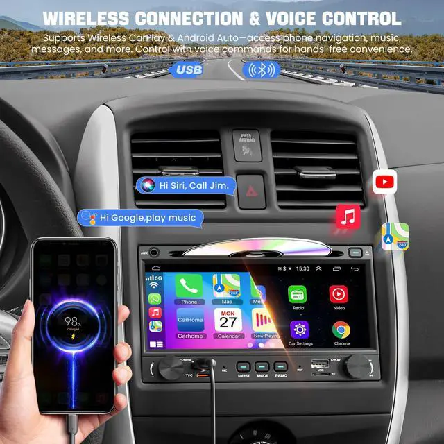 Alt view image 2 of 6 - Double Din Car Stereo CD DVD Player with Wireless Carplay&Android Auto, 7 inch Car Radio 4.2-Channel Audio Output Bluetooth & Voice Control, Mirror Link, Backup Camera, AM/FM Radio Type-A/C Subwoofer