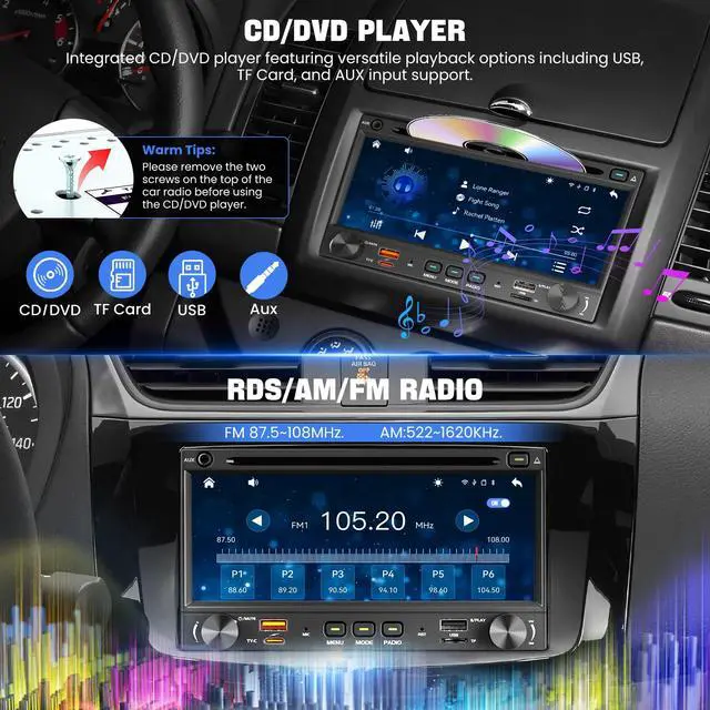 Alt view image 4 of 6 - Double Din Car Stereo CD DVD Player with Wireless Carplay&Android Auto, 7 inch Car Radio 4.2-Channel Audio Output Bluetooth & Voice Control, Mirror Link, Backup Camera, AM/FM Radio Type-A/C Subwoofer
