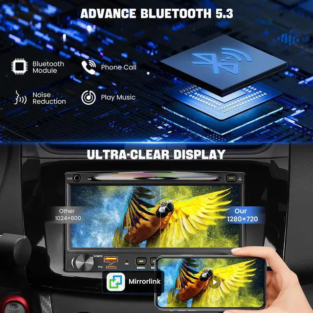 Alt view image 5 of 6 - Double Din Car Stereo CD DVD Player with Wireless Carplay&Android Auto, 7 inch Car Radio 4.2-Channel Audio Output Bluetooth & Voice Control, Mirror Link, Backup Camera, AM/FM Radio Type-A/C Subwoofer