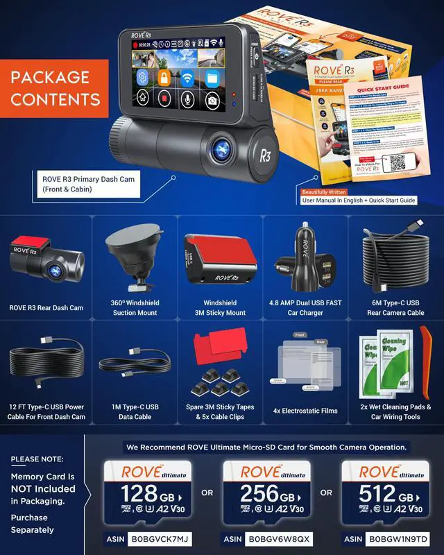 Alt view image 7 of 7 - R3 3 Channel Dash Cam with Hardwire Kit and 128GB Card | Bundle Includes Hardwire Kit and 128GB Card, Front Rear and Cabin, IR Night Vision, Quad-Mode GPS, 3in IPS Touch Screen