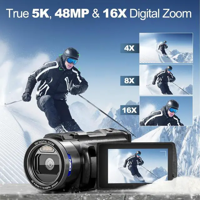 Alt view image 2 of 7 - Camcorder Video Camera, True 5K 48MP Vlogging Camera with Autofocus, WiFi,16X Digital Zoom,3" 270° IPS Screen,32GB Card,2 Batteries & Microphone,Black for YouTube & Travel Recording (Black)