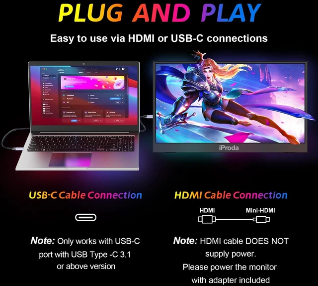 Alt view image 7 of 7 - 18.5 inch Portable Monitor for Laptop120hz Portable Gaming Monitor FHD1080 18.5 Inch Portable Monitor,HDMI USB-C Slim Large Portable Monitor with Kickstand for Laptop MacBook Pro Air, PC,Xbox, PS4/5