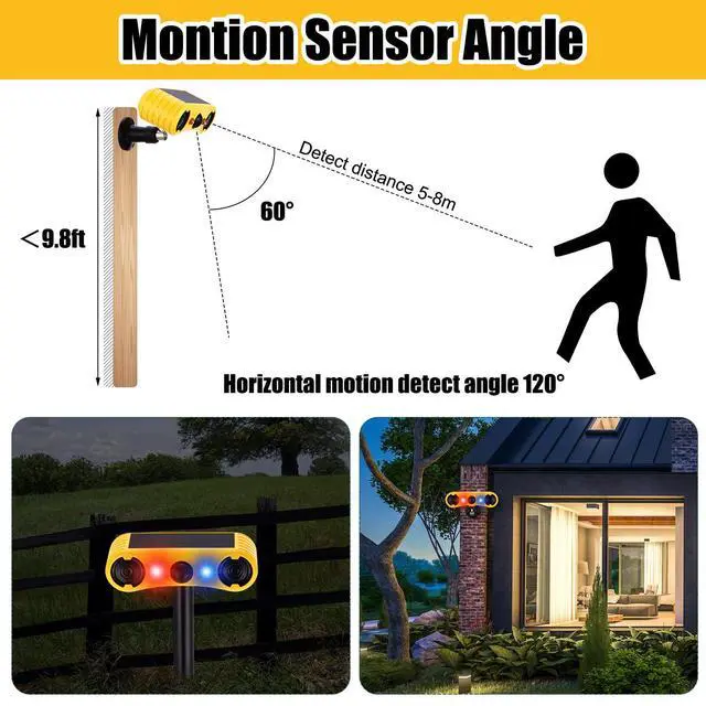 Alt view image 2 of 7 - 2 Pack Solar Outdoor Motion Sensor Alarm with Stake Animal Deterrent 2 x 129dB Loud Noisemaker 13 Sound Detector Strobe Light, 4 Mode Dog Barking Alarm Sensor on Ground or Fence