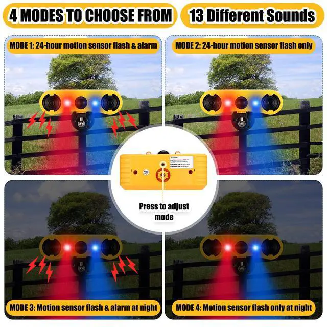 Alt view image 3 of 7 - 2 Pack Solar Outdoor Motion Sensor Alarm with Stake Animal Deterrent 2 x 129dB Loud Noisemaker 13 Sound Detector Strobe Light, 4 Mode Dog Barking Alarm Sensor on Ground or Fence