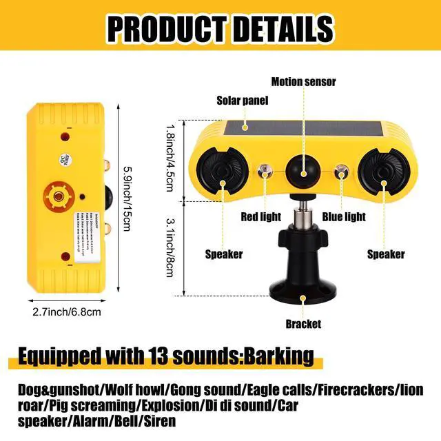 Alt view image 4 of 7 - 2 Pack Solar Outdoor Motion Sensor Alarm with Stake Animal Deterrent 2 x 129dB Loud Noisemaker 13 Sound Detector Strobe Light, 4 Mode Dog Barking Alarm Sensor on Ground or Fence
