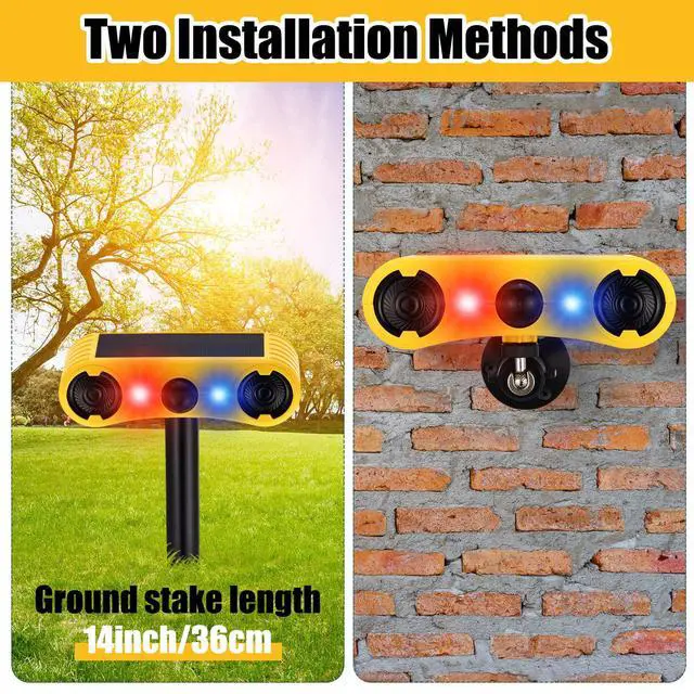 Alt view image 5 of 7 - 2 Pack Solar Outdoor Motion Sensor Alarm with Stake Animal Deterrent 2 x 129dB Loud Noisemaker 13 Sound Detector Strobe Light, 4 Mode Dog Barking Alarm Sensor on Ground or Fence