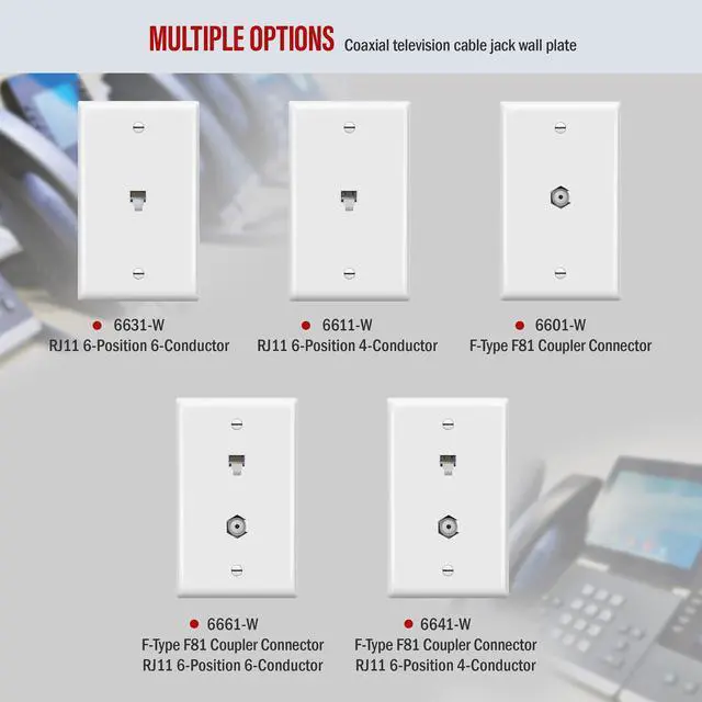 Alt view image 5 of 7 - RJ11 Telephone Jack Wall Plate, 6-Position 4-Conductor 6P4C (2 Line Support), 1-Gang 4.50" x 2.76", 6611-W-10PCS, White (10 Pack)
