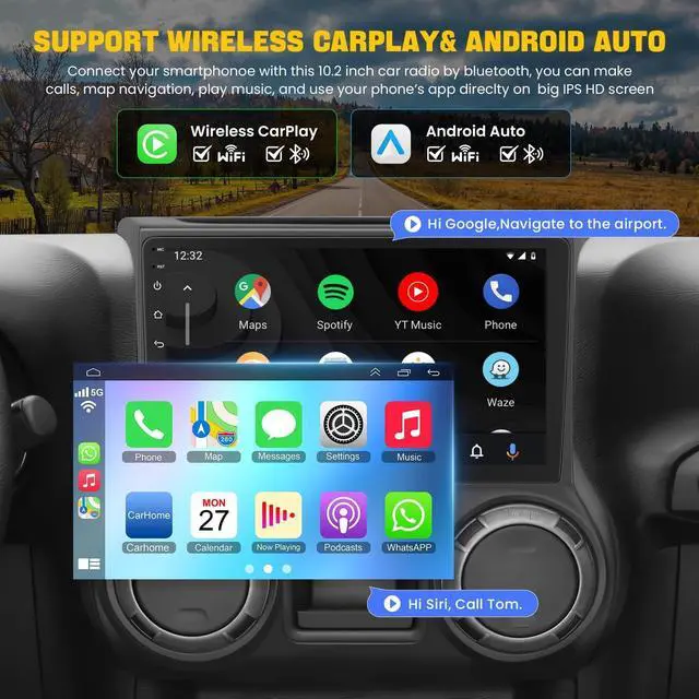 Alt view image 3 of 7 - (4GB+64GB) Android Car Radio Stereo for Jeep JK Wrangler 2015 2016 2017 10.2 Inch Touchscreen Support Wireless Carplay/Android Auto/WiFi/GPS/Bluetooth5.2/Back-up Camera/FM/SWC