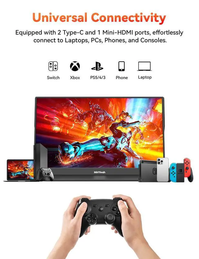 Alt view image 3 of 7 - 16.1'' 144Hz Portable Gaming Monitor, 106% sRGB 1080P Travel Screen | USB-C HDMI External Display HDR Portable Monitor w/Smart Cover, 2nd Screen for Laptop, PC, Mac, Switch, PS5/4, Xbox