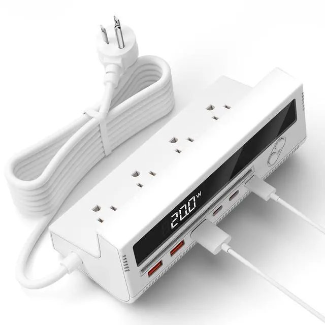 Main image of 10-in-1 USB Charging Station, 4 Outlets Power Strip with 6 USB, 5 FT Long Extension Cord, 45° Flat Plug, 20W Fast Mulit Charging Station for Home Office Travel Plug Extension Outlet (White)