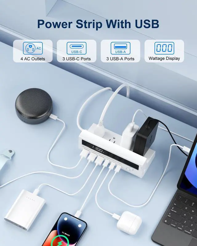 Alt view image 2 of 7 - 10-in-1 USB Charging Station, 4 Outlets Power Strip with 6 USB, 5 FT Long Extension Cord, 45° Flat Plug, 20W Fast Mulit Charging Station for Home Office Travel Plug Extension Outlet (White)