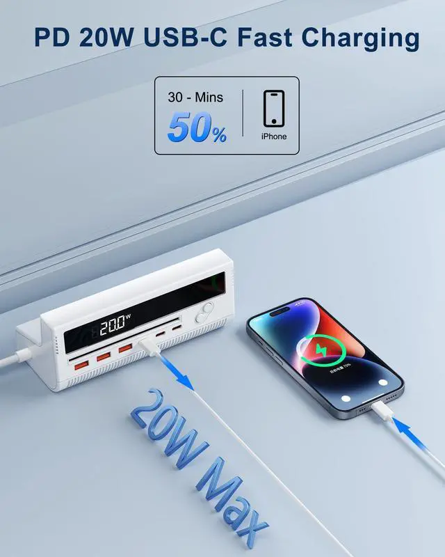 Alt view image 3 of 7 - 10-in-1 USB Charging Station, 4 Outlets Power Strip with 6 USB, 5 FT Long Extension Cord, 45° Flat Plug, 20W Fast Mulit Charging Station for Home Office Travel Plug Extension Outlet (White)