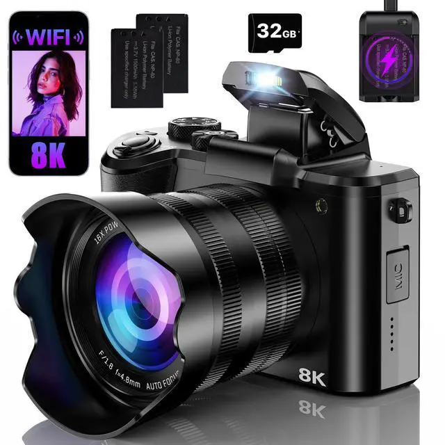 Main image of 8K Digital Cameras for Photography with WiFi,Autofocus 88MP Vlogging Camera for YouTube with Dual-Lens,16X Digital Zoom Point and Shoot Camera,3.2''Touch Screen, Anti-Shake,2 Batteries &Charging Stand