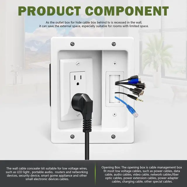 Alt view image 6 of 7 - Wall Cable Concealer Management Box Recessed Outlet Wall Mount Behind TV | Cable Management Recessed Outlet Kit in Wall TV Connection Kit Hides Power Cables & Low Voltage Wires Fits All Plugs