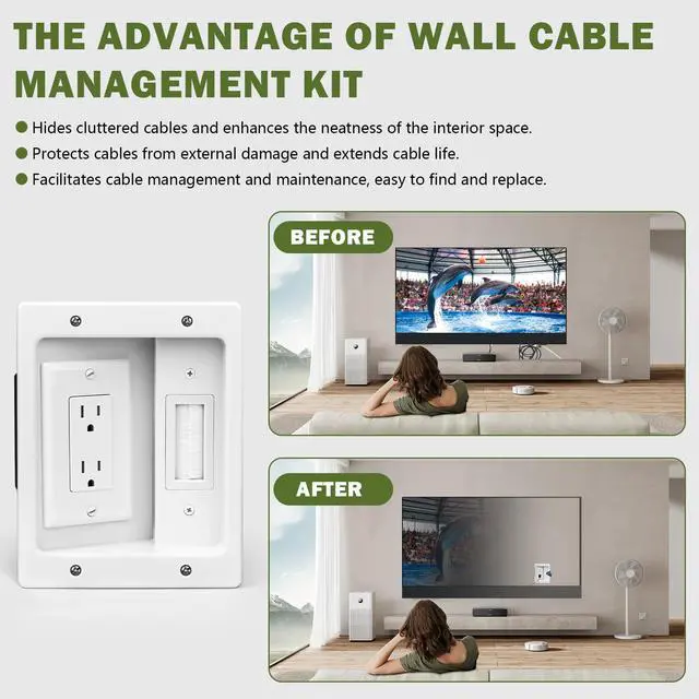 Alt view image 5 of 7 - Wall Cable Concealer Management Box Recessed Outlet Wall Mount Behind TV | Cable Management Recessed Outlet Kit in Wall TV Connection Kit Hides Power Cables & Low Voltage Wires Fits All Plugs
