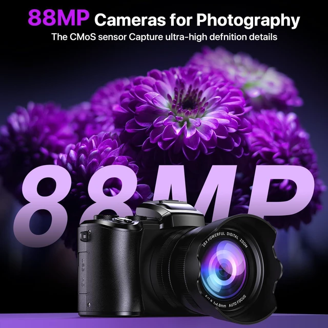 Alt view image 2 of 7 - 8K Digital Cameras for Photography with WiFi,Autofocus 88MP Vlogging Camera for YouTube with Dual-Lens,16X Digital Zoom Point and Shoot Camera,3.2''Touch Screen, Anti-Shake,2 Batteries &Charging Stand