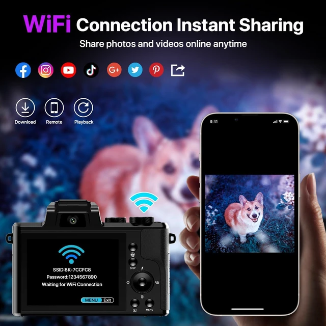 Alt view image 4 of 7 - 8K Digital Cameras for Photography with WiFi,Autofocus 88MP Vlogging Camera for YouTube with Dual-Lens,16X Digital Zoom Point and Shoot Camera,3.2''Touch Screen, Anti-Shake,2 Batteries &Charging Stand