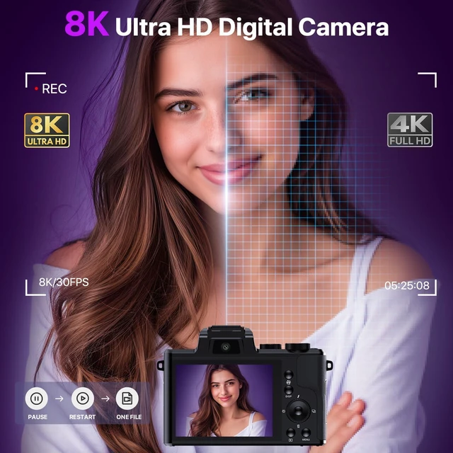 Alt view image 3 of 7 - 8K Digital Cameras for Photography with WiFi,Autofocus 88MP Vlogging Camera for YouTube with Dual-Lens,16X Digital Zoom Point and Shoot Camera,3.2''Touch Screen, Anti-Shake,2 Batteries &Charging Stand