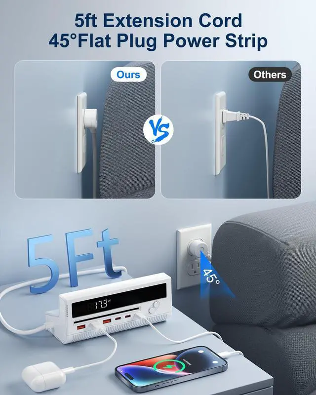 Alt view image 6 of 7 - 10-in-1 USB Charging Station, 4 Outlets Power Strip with 6 USB, 5 FT Long Extension Cord, 45° Flat Plug, 20W Fast Mulit Charging Station for Home Office Travel Plug Extension Outlet (White)