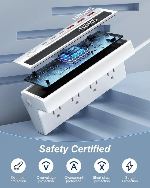 Alt view image 7 of 7 - 10-in-1 USB Charging Station, 4 Outlets Power Strip with 6 USB, 5 FT Long Extension Cord, 45° Flat Plug, 20W Fast Mulit Charging Station for Home Office Travel Plug Extension Outlet (White)