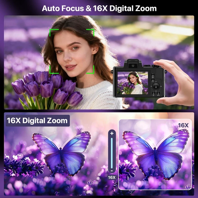 Alt view image 5 of 7 - 8K Digital Cameras for Photography with WiFi,Autofocus 88MP Vlogging Camera for YouTube with Dual-Lens,16X Digital Zoom Point and Shoot Camera,3.2''Touch Screen, Anti-Shake,2 Batteries &Charging Stand