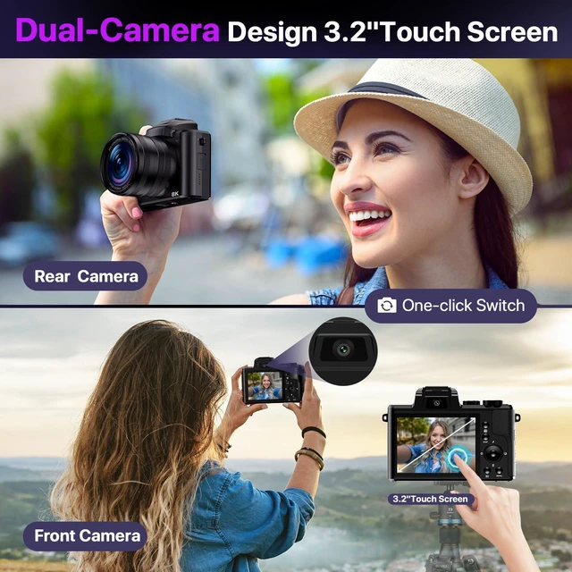Alt view image 6 of 7 - 8K Digital Cameras for Photography with WiFi,Autofocus 88MP Vlogging Camera for YouTube with Dual-Lens,16X Digital Zoom Point and Shoot Camera,3.2''Touch Screen, Anti-Shake,2 Batteries &Charging Stand